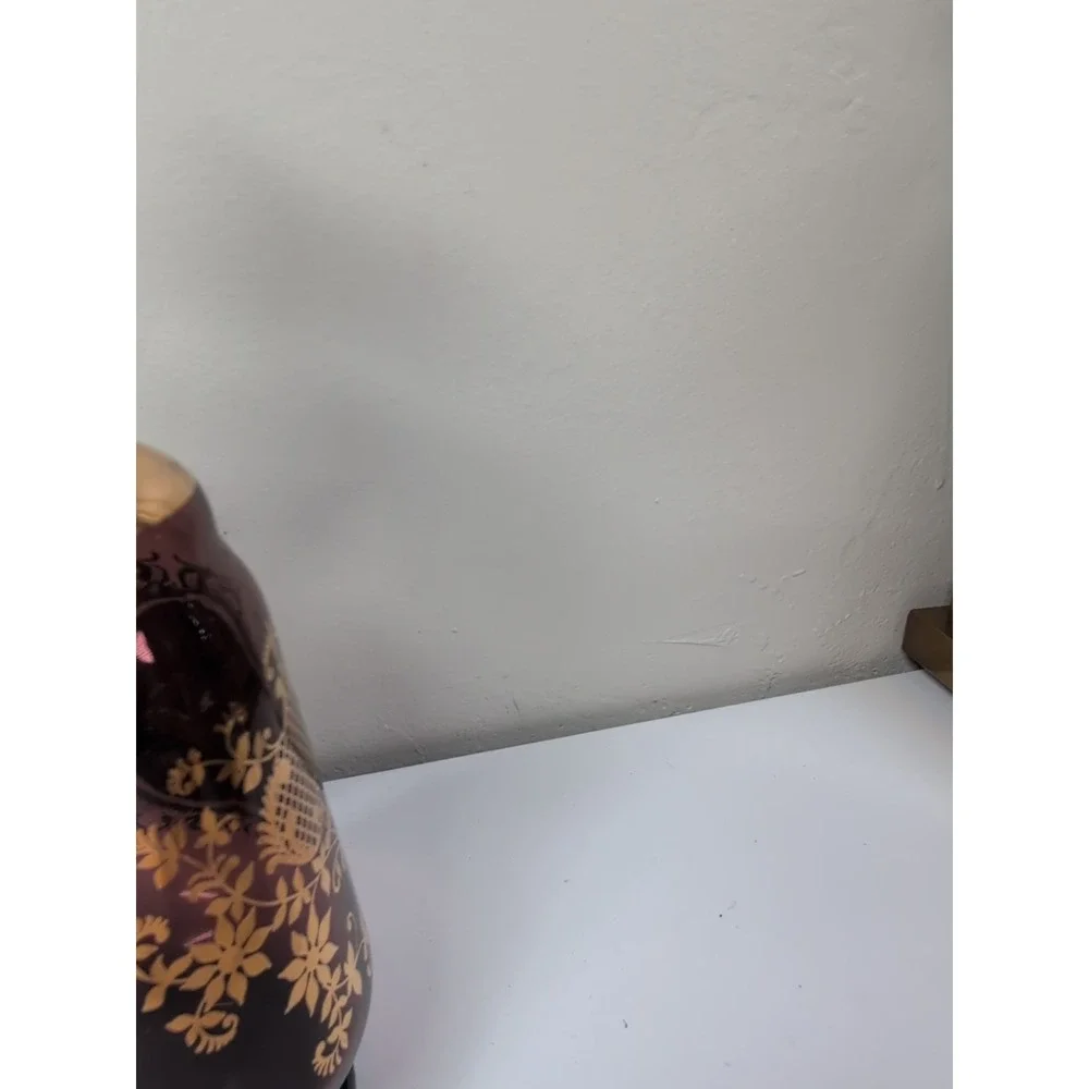 Vtg Purple‎ Amethyst Bohemian Czech Glass Hand Painted Floral 11in